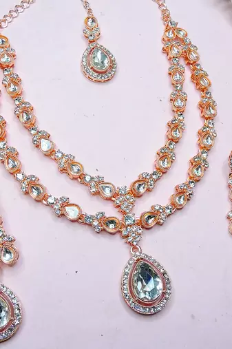 White rose gold premium designer american diamond and stone work necklace set