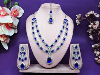 Blue rhodium premium designer american diamond and stone work necklace set 1