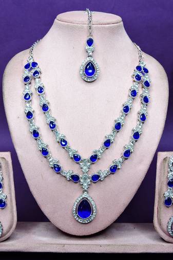 Blue rhodium premium designer american diamond and stone work necklace set