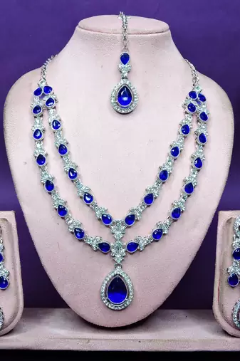 Blue rhodium premium designer american diamond and stone work necklace set