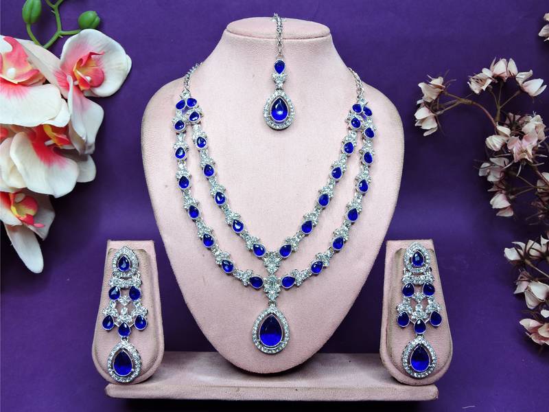 Blue rhodium premium designer american diamond and stone work necklace set