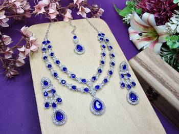 Blue rhodium premium designer american diamond and stone work necklace set 2