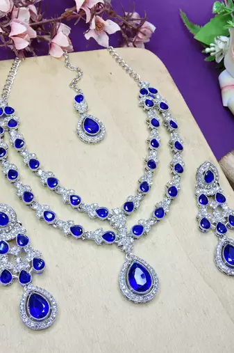 Blue rhodium premium designer american diamond and stone work necklace set