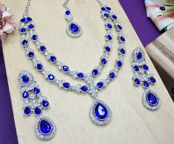Blue rhodium premium designer american diamond and stone work necklace set 3