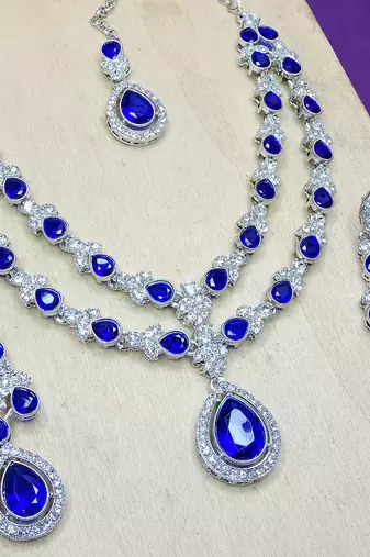 Blue rhodium premium designer american diamond and stone work necklace set