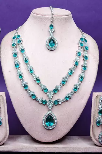 Green rhodium premium designer american diamond and stone work necklace set