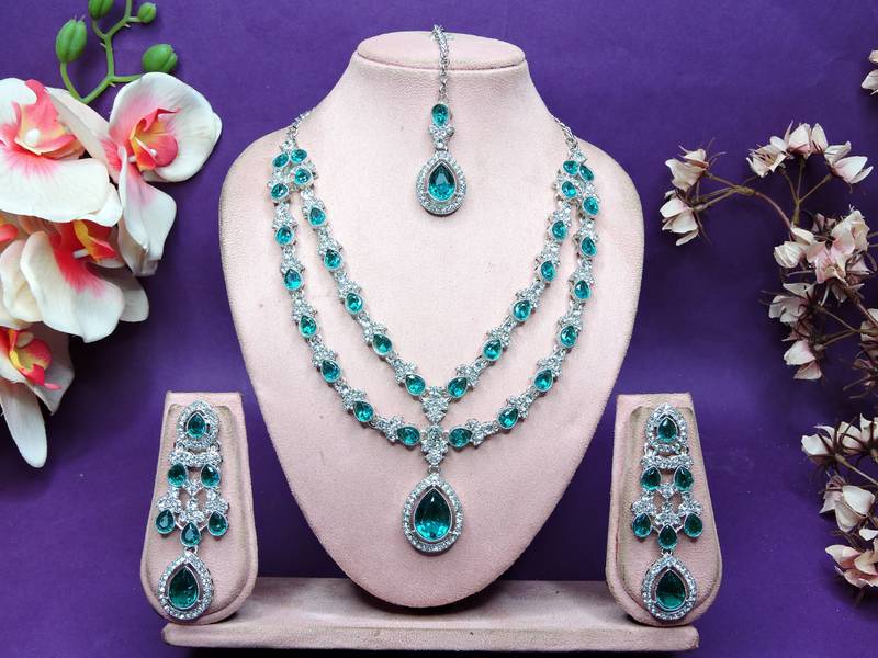 Green rhodium premium designer american diamond and stone work necklace set
