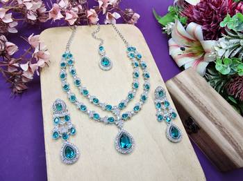 Green rhodium premium designer american diamond and stone work necklace set 2