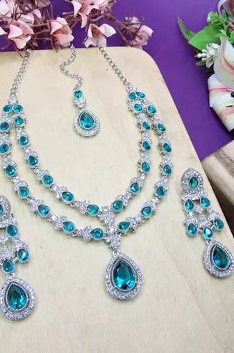 Green rhodium premium designer american diamond and stone work necklace set