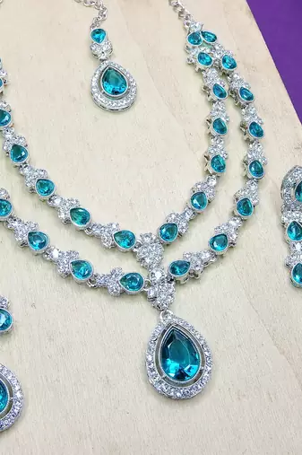 Green rhodium premium designer american diamond and stone work necklace set