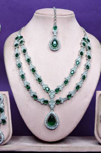 Green rhodium premium designer american diamond and stone work necklace set