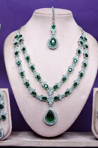 Green rhodium premium designer american diamond and stone work necklace set