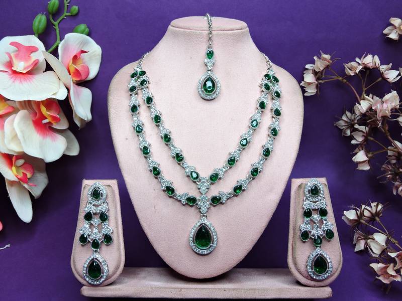 Green rhodium premium designer american diamond and stone work necklace set
