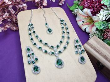 Green rhodium premium designer american diamond and stone work necklace set 2