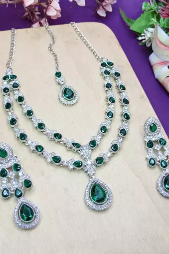 Green rhodium premium designer american diamond and stone work necklace set