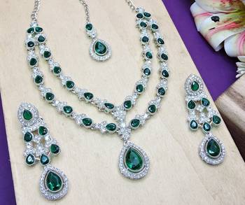 Green rhodium premium designer american diamond and stone work necklace set 3
