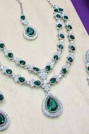 Green rhodium premium designer american diamond and stone work necklace set