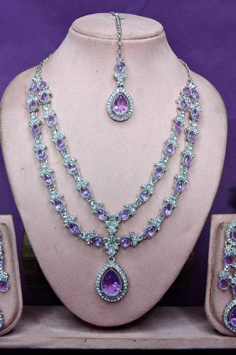Purple rhodium premium designer american diamond and stone work necklace set