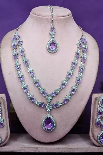 Purple rhodium premium designer american diamond and stone work necklace set