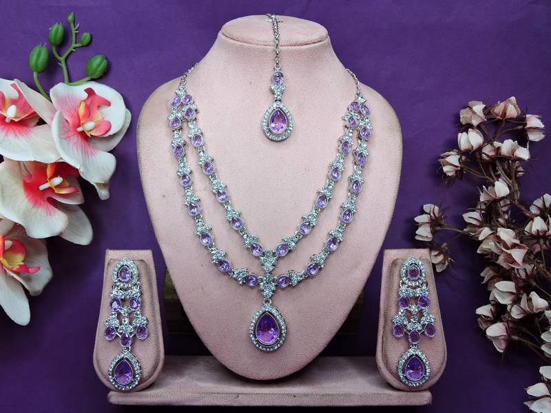 Purple rhodium premium designer american diamond and stone work necklace set