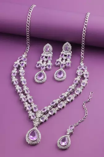 Purple rhodium premium designer american diamond and stone work necklace set