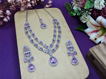 Purple rhodium premium designer american diamond and stone work necklace set 3