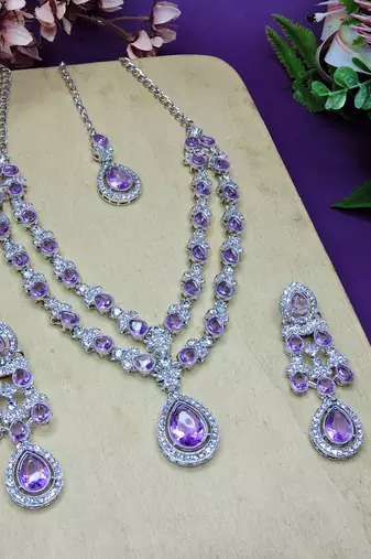Purple rhodium premium designer american diamond and stone work necklace set