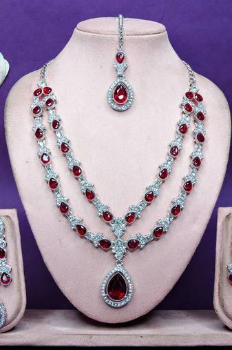 Maroon rhodium premium designer american diamond and stone work necklace set