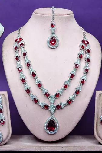 Maroon rhodium premium designer american diamond and stone work necklace set