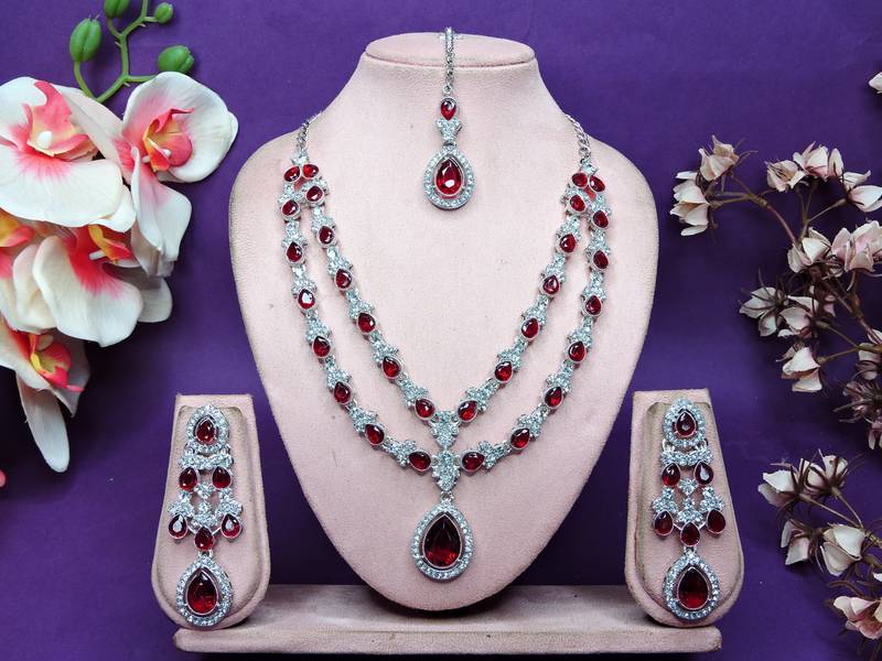 Maroon rhodium premium designer american diamond and stone work necklace set