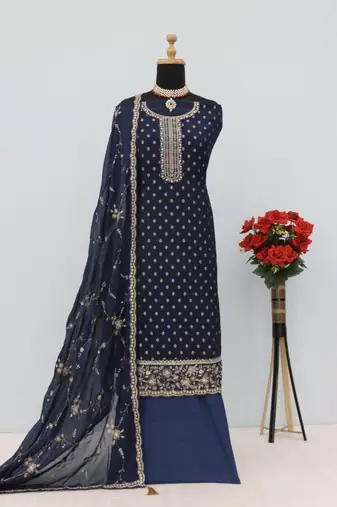 navy blue embroidered silk blend salwar suit