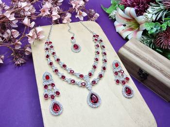 Maroon rhodium premium designer american diamond and stone work necklace set 2