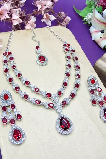 Maroon rhodium premium designer american diamond and stone work necklace set