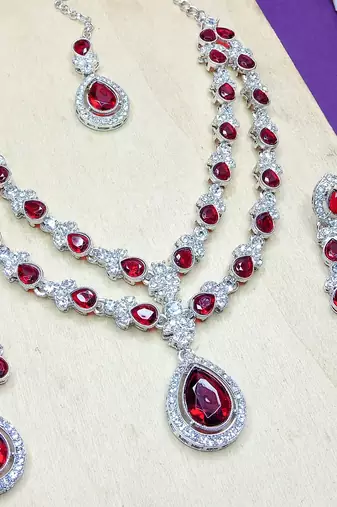 Maroon rhodium premium designer american diamond and stone work necklace set