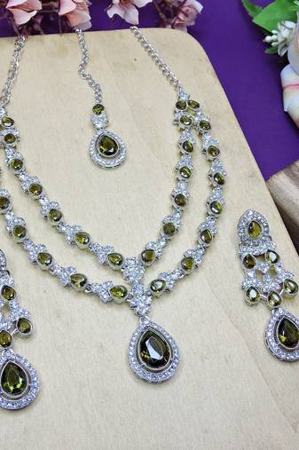 Green rhodium premium designer american diamond and stone work necklace set