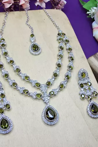 Green rhodium premium designer american diamond and stone work necklace set