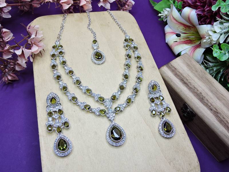 Green rhodium premium designer american diamond and stone work necklace set