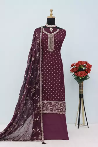 purple embroidered silk blend salwar suit