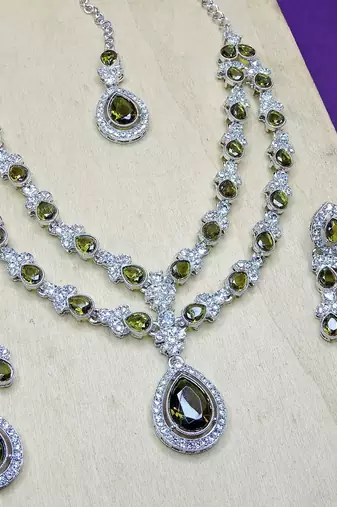 Green rhodium premium designer american diamond and stone work necklace set