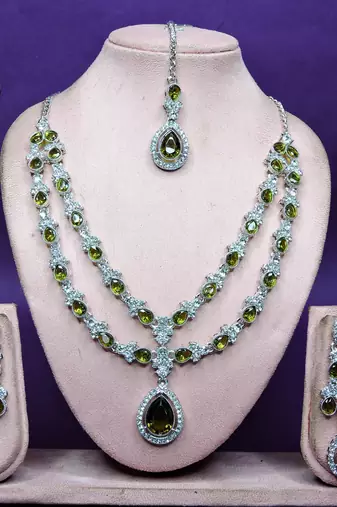Green rhodium premium designer american diamond and stone work necklace set
