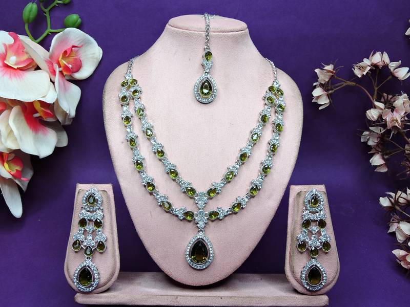 Green rhodium premium designer american diamond and stone work necklace set
