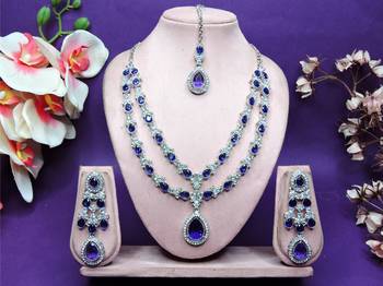 Blue rhodium premium designer american diamond and stone work necklace set 1