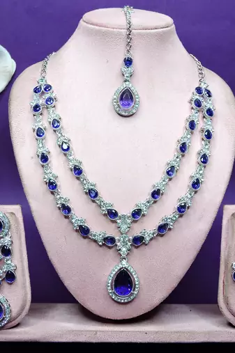 Blue rhodium premium designer american diamond and stone work necklace set