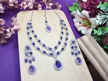 Blue rhodium premium designer american diamond and stone work necklace set 2