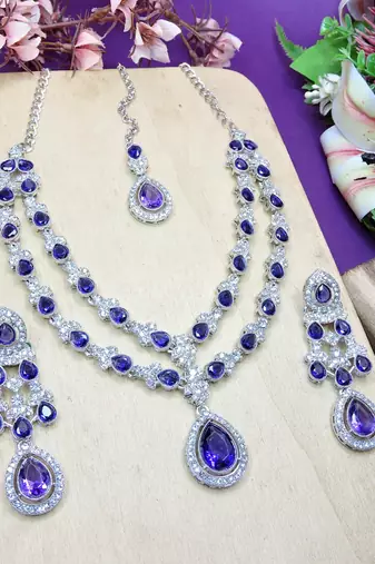 Blue rhodium premium designer american diamond and stone work necklace set