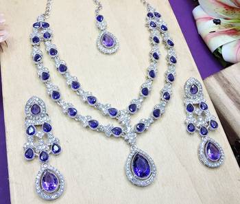 Blue rhodium premium designer american diamond and stone work necklace set 3