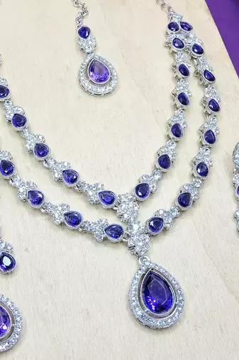 Blue rhodium premium designer american diamond and stone work necklace set