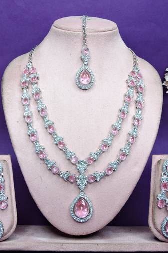 Pink rhodium premium designer american diamond and stone work necklace set