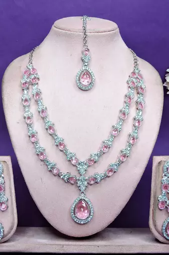 Pink rhodium premium designer american diamond and stone work necklace set