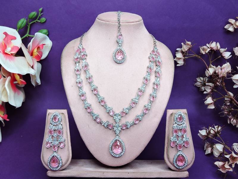 Pink rhodium premium designer american diamond and stone work necklace set